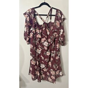 Sz 4 Torrid Floral Purple Fit‎ & Flair Dress Elastic Waist 3/4 Sleeve Stretch